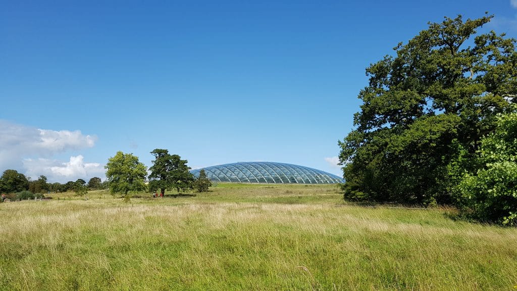 Dome view from wooded valley walk - National Botanic Garden of Wales